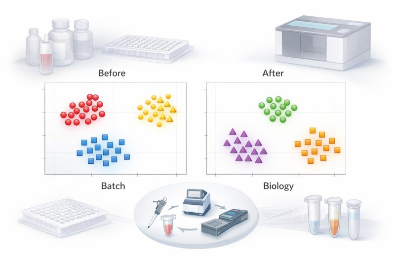 Figure 2. Batch structure can dominate ordination even after simple normalization. Compare clustering by processing batch before control-aware handling and clustering by biology after standardized preprocessing and review.