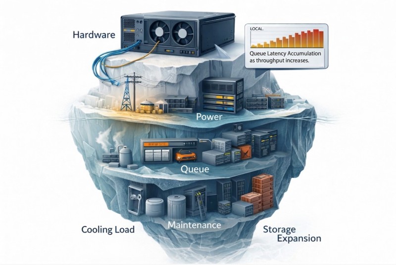 Figure 2. The operational cost of local GPU basecalling includes not only hardware acquisition, but also cooling, software maintenance, queueing, and rerun risk.