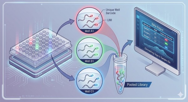 Schematic of Drug-seq dual-index barcoding strategy and library pooling, explaining how sample identity is preserved in high-throughput transcriptomics.