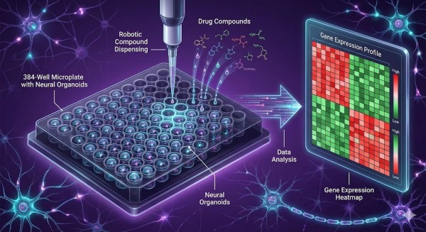 Drug-seq application in neuroscience, screening neural organoids for drug discovery using high-throughput gene expression profiling and heatmap analysis.