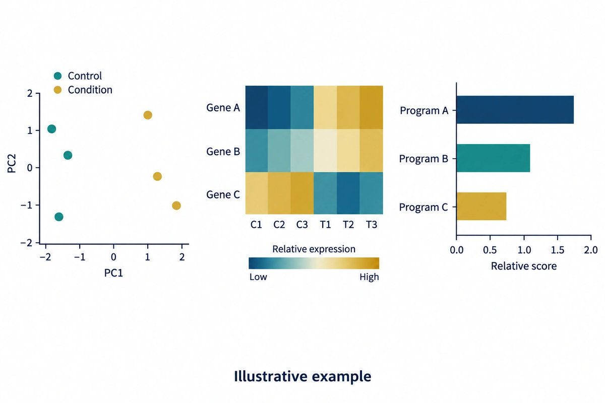 P3 | organoid-bulk-expression-demo.jpg | Illustrative bulk RNA-seq sample similarity, expression heatmap and pathway summary.