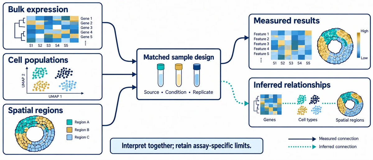 Matched bulk, cell and spatial datasets linked through source, condition and replicate metadata.