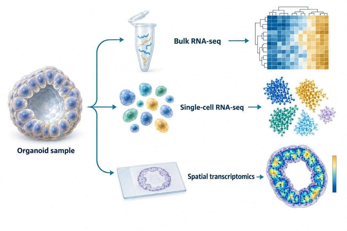 P1 | organoid-rna-profiling-overview.jpg | Alternative sample routes for bulk expression, single-cell profiling and spatial transcriptomics in organoid research.