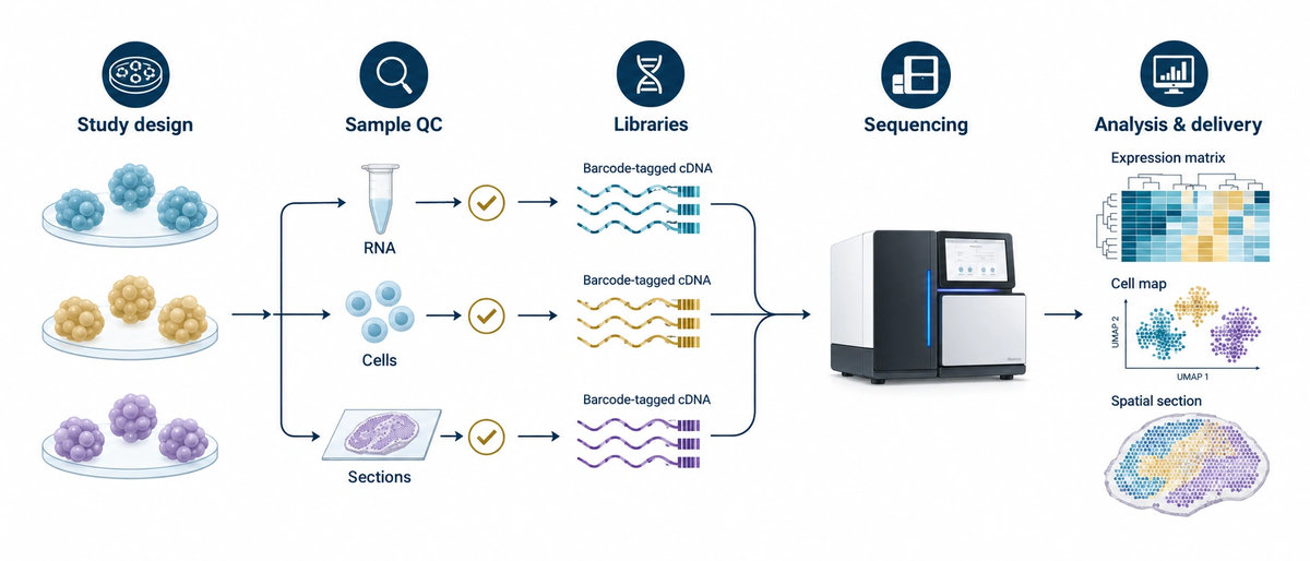 P2 | organoid-rna-sequencing-workflow.jpg | Five stages from organoid study design and route-specific sample QC to libraries, sequencing and analysis.