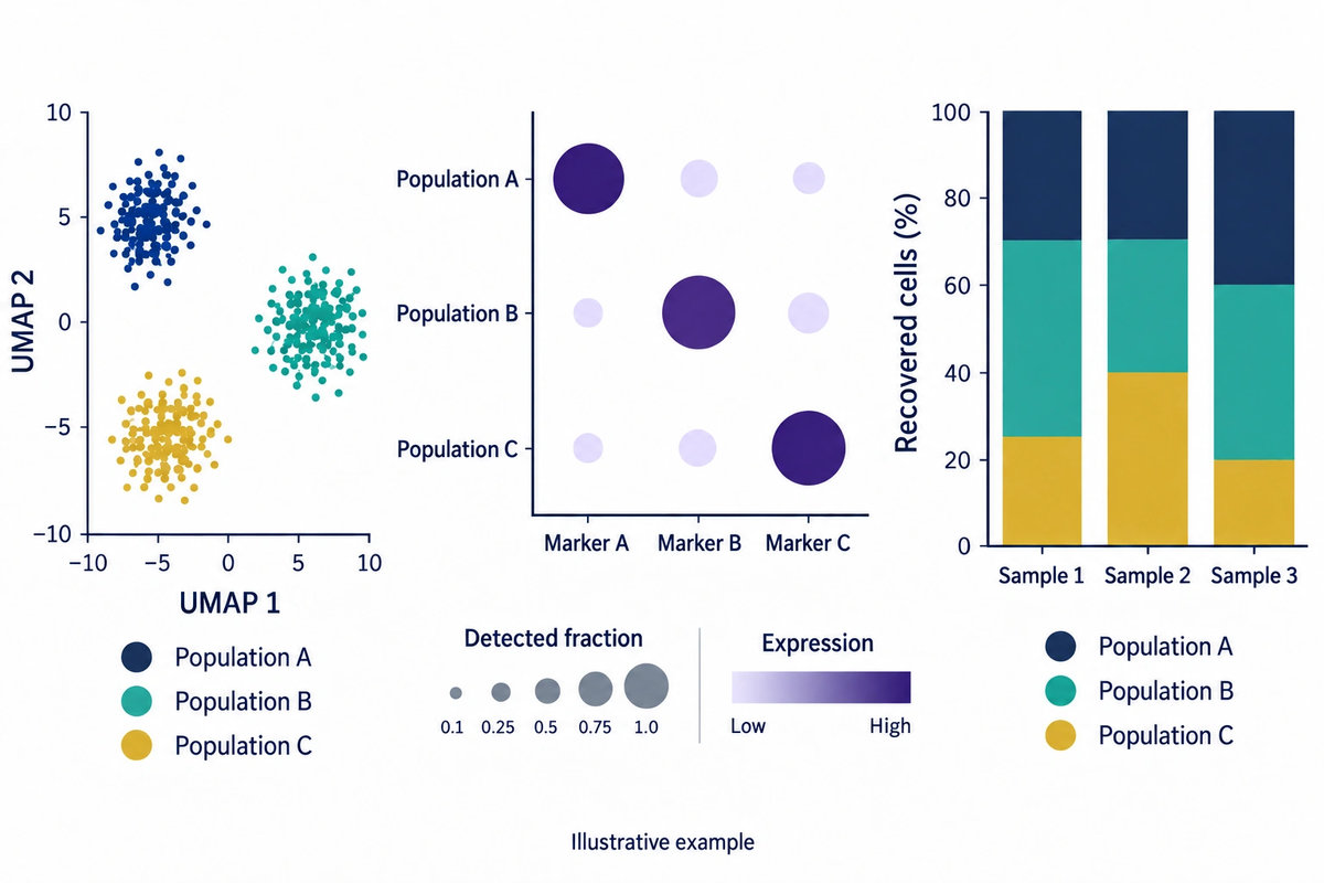 P4 | organoid-single-cell-composition-demo.jpg | Illustrative single-cell map, marker support and recovered population proportions by sample.