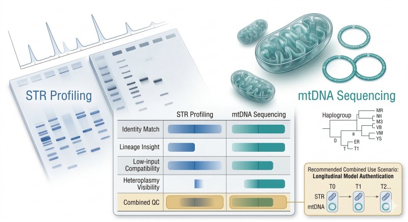 Complementary roles of STR profiling and mtDNA sequencing in RUO model authentication